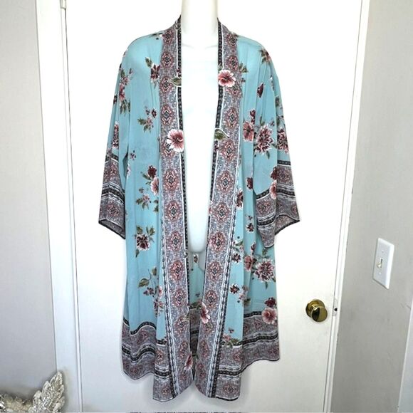 LIVE TO BE SPOILED AQUA FLORAL SEMI-SHEER KIMONO JACKET POP-OVER COVER-UP SIZE S - Picture 1 of 11